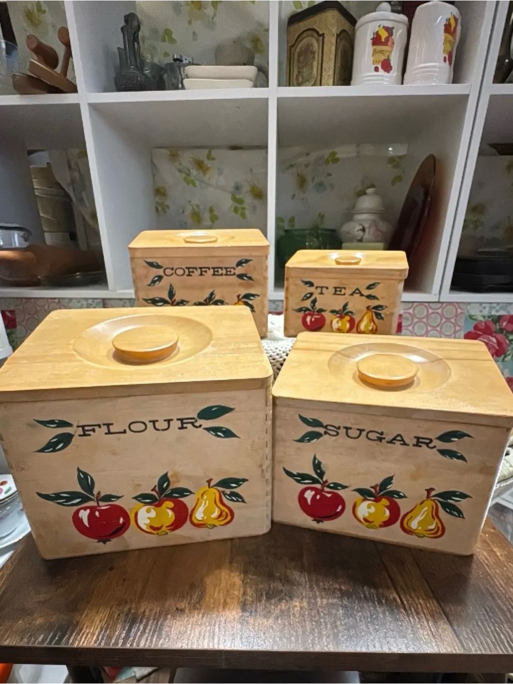 Wooden Fruit Canister Set in Yellow – Flour Sugar Tea Coffee Storage
